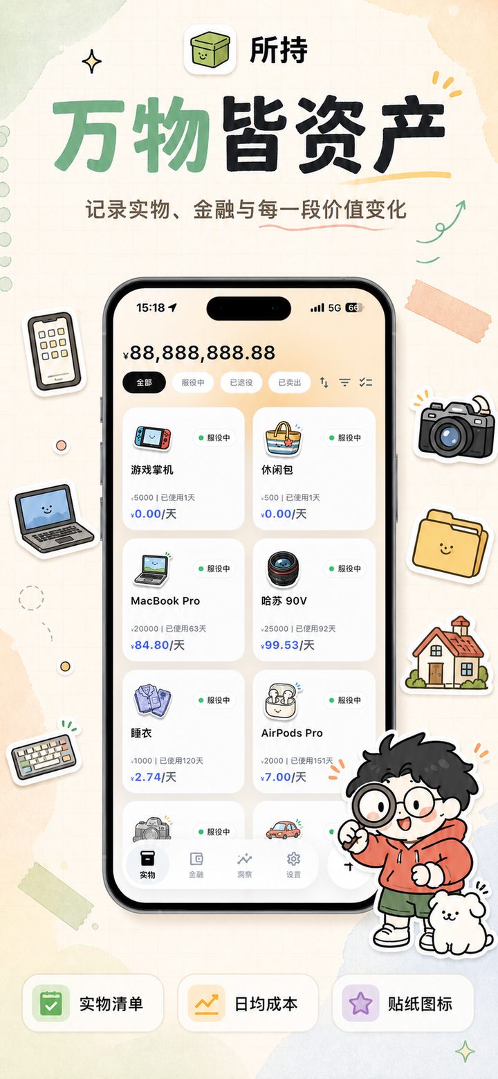 实物清单首页：总资产、服役中状态与每件物品的日均成本