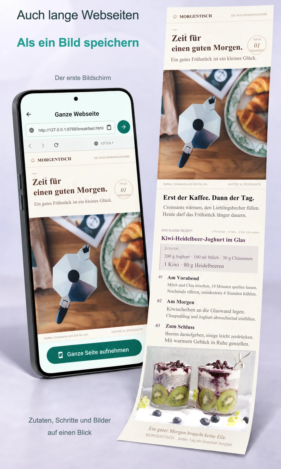 Die erste Bildschirmansicht eines Rezepts neben der vollständig erfassten Webseite mit Zutaten, Schritten und dem fertigen Gericht