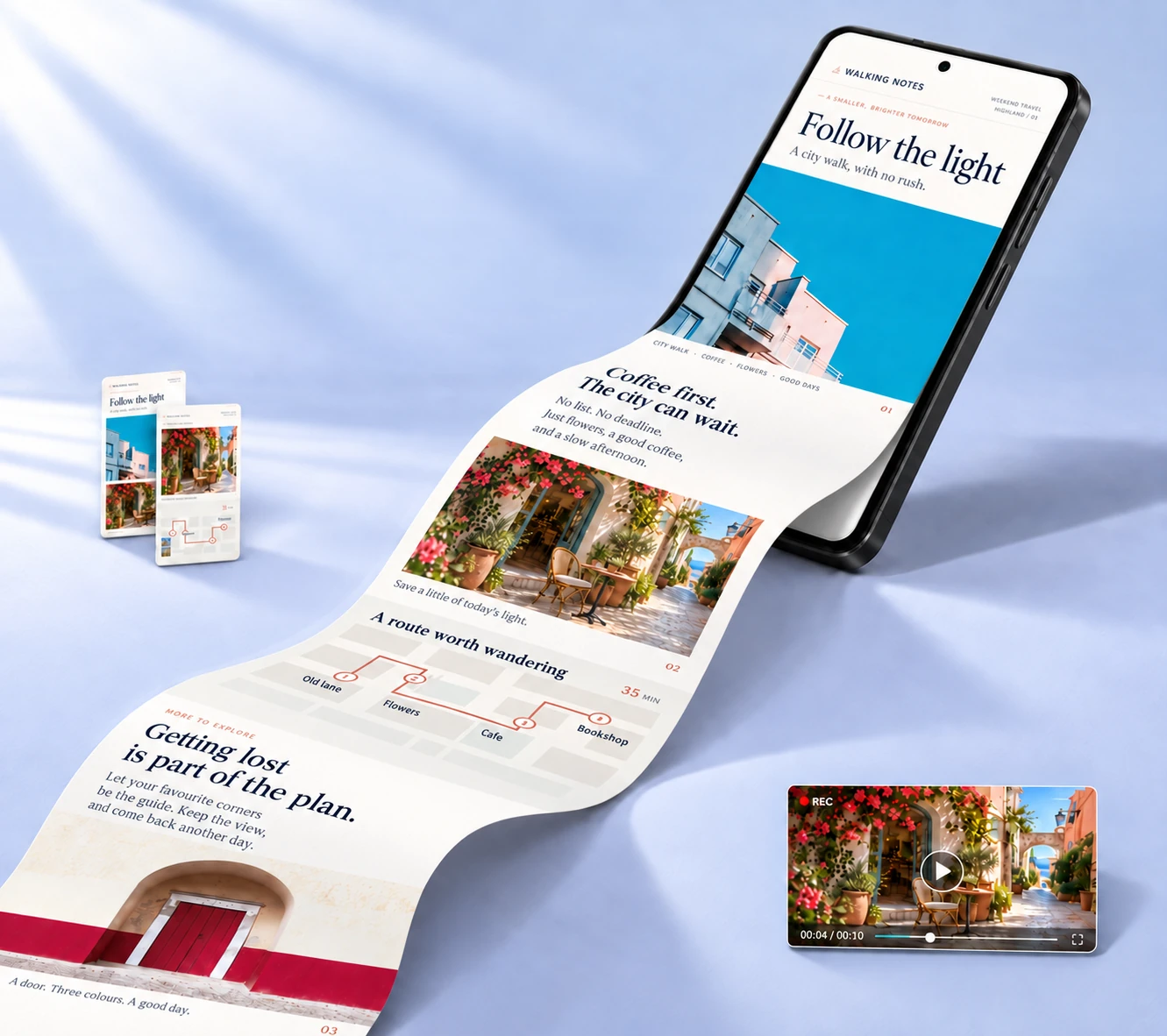 Screenshots and a screen recording combined into one long image with text, pictures and a route