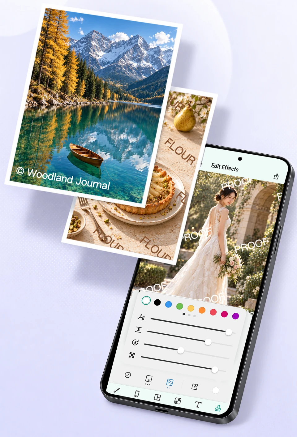 A signature in the corner of a travel photo and tiled watermarks at different angles on baking and wedding preview photos