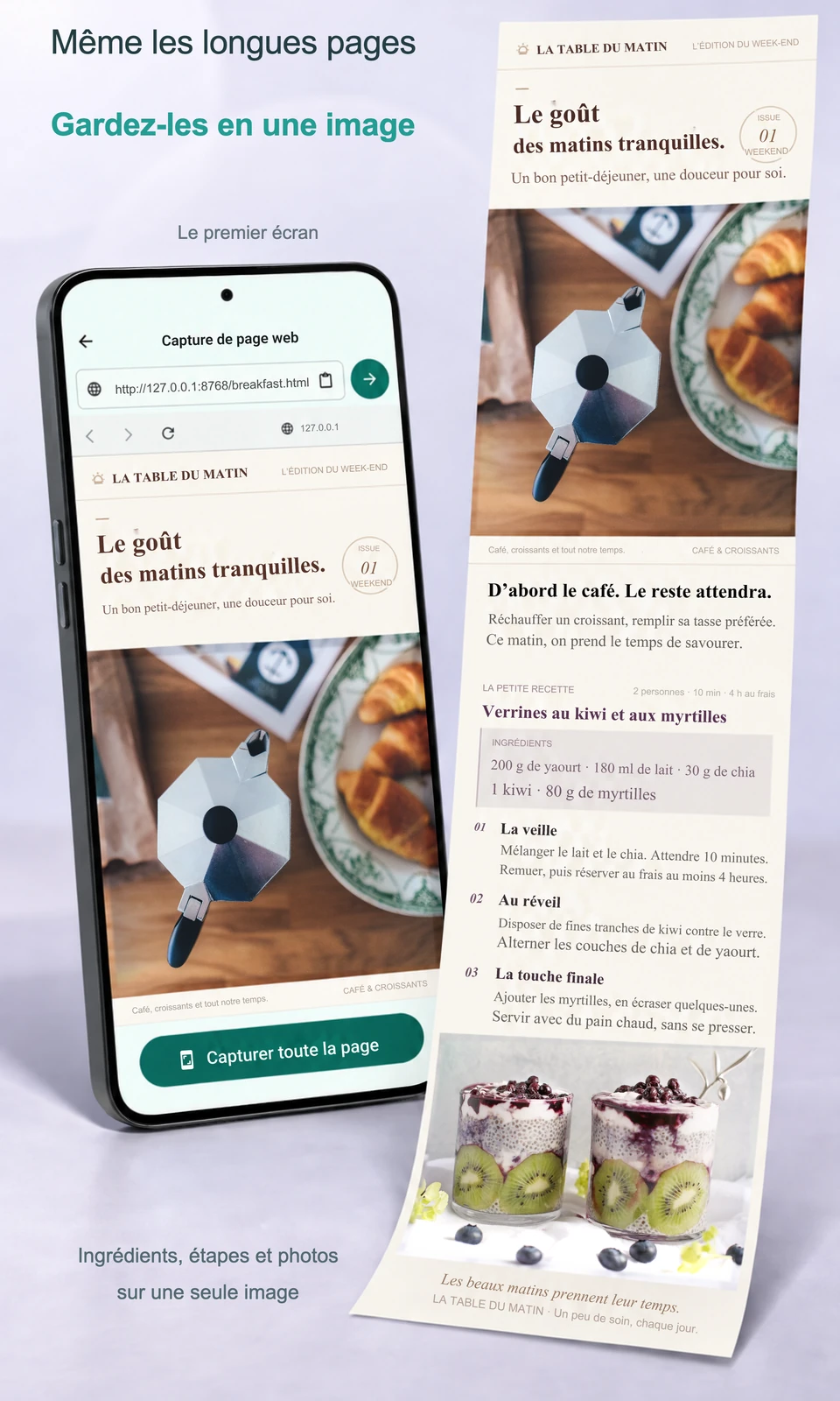 Le premier écran d’une recette à côté de sa page web entière, avec les ingrédients, les étapes et la photo du plat terminé